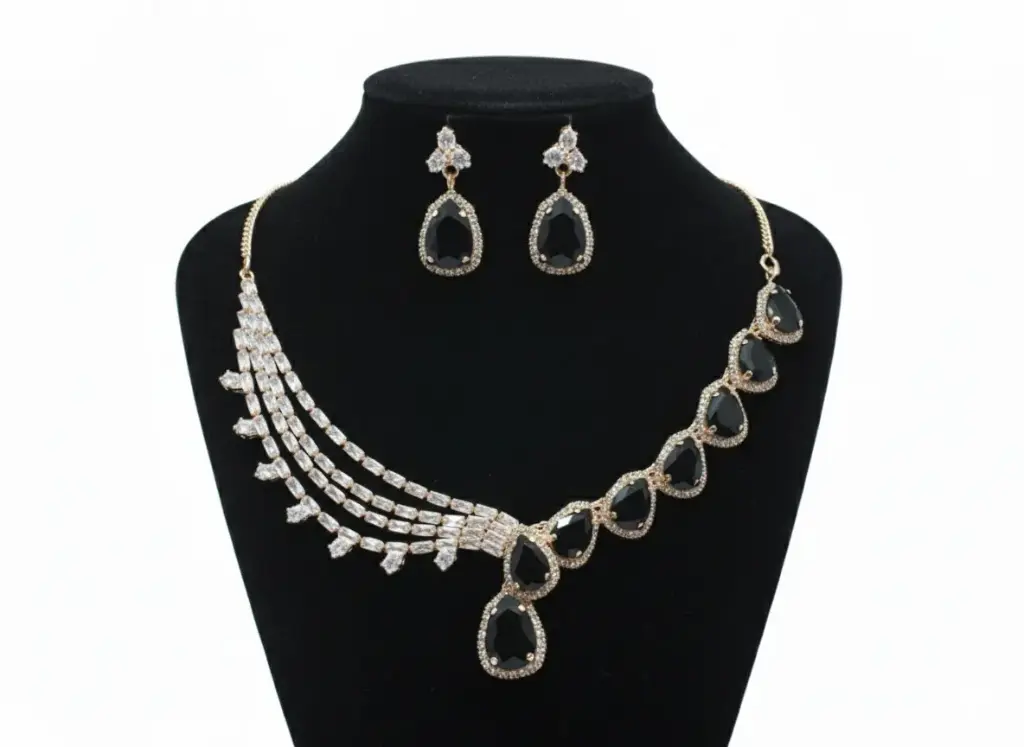 Black Stone Premium Earrings & Pendant Necklace - Gilded Finish